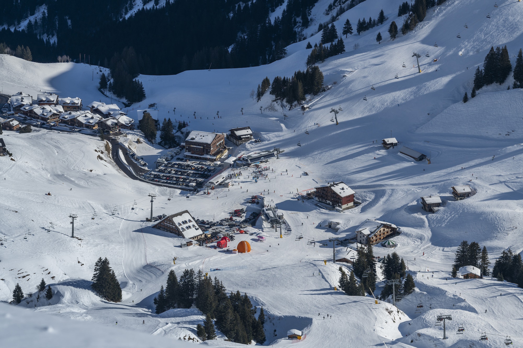 Aerial of Avoriaz ski resort area and ski slopes in the Alps mountains, France, Europe
